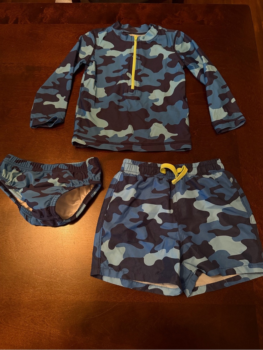 Primary Blue Camo 3-Piece Swim Set - Rash Guard, Swim Shorts & Briefs